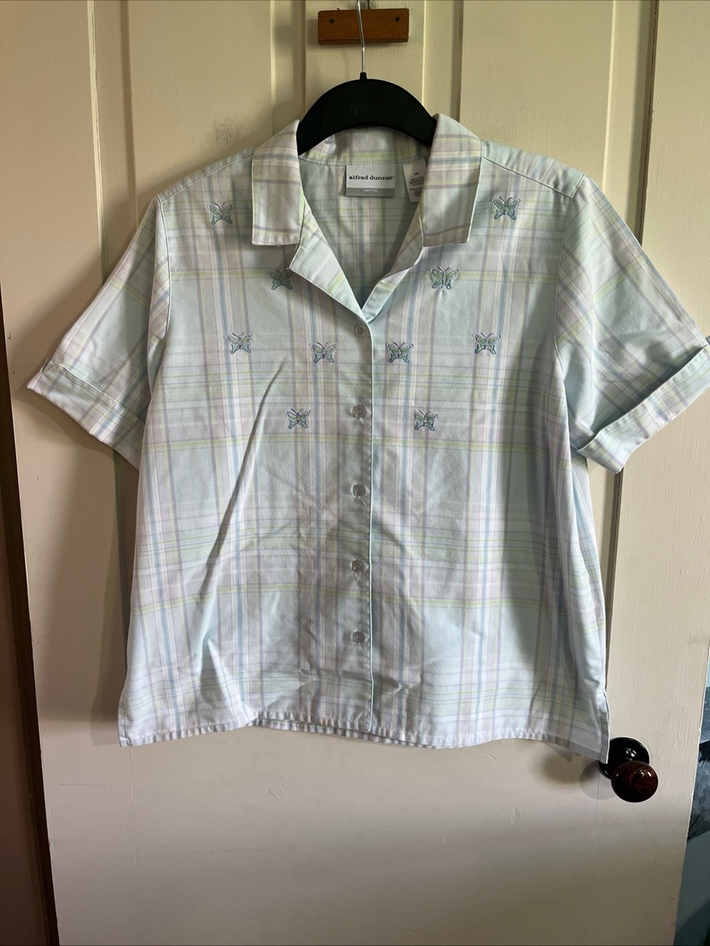 Alfred Dunner Pastel Plaid Button-Up Shirt in Lavender, Mint & Pale Yellow